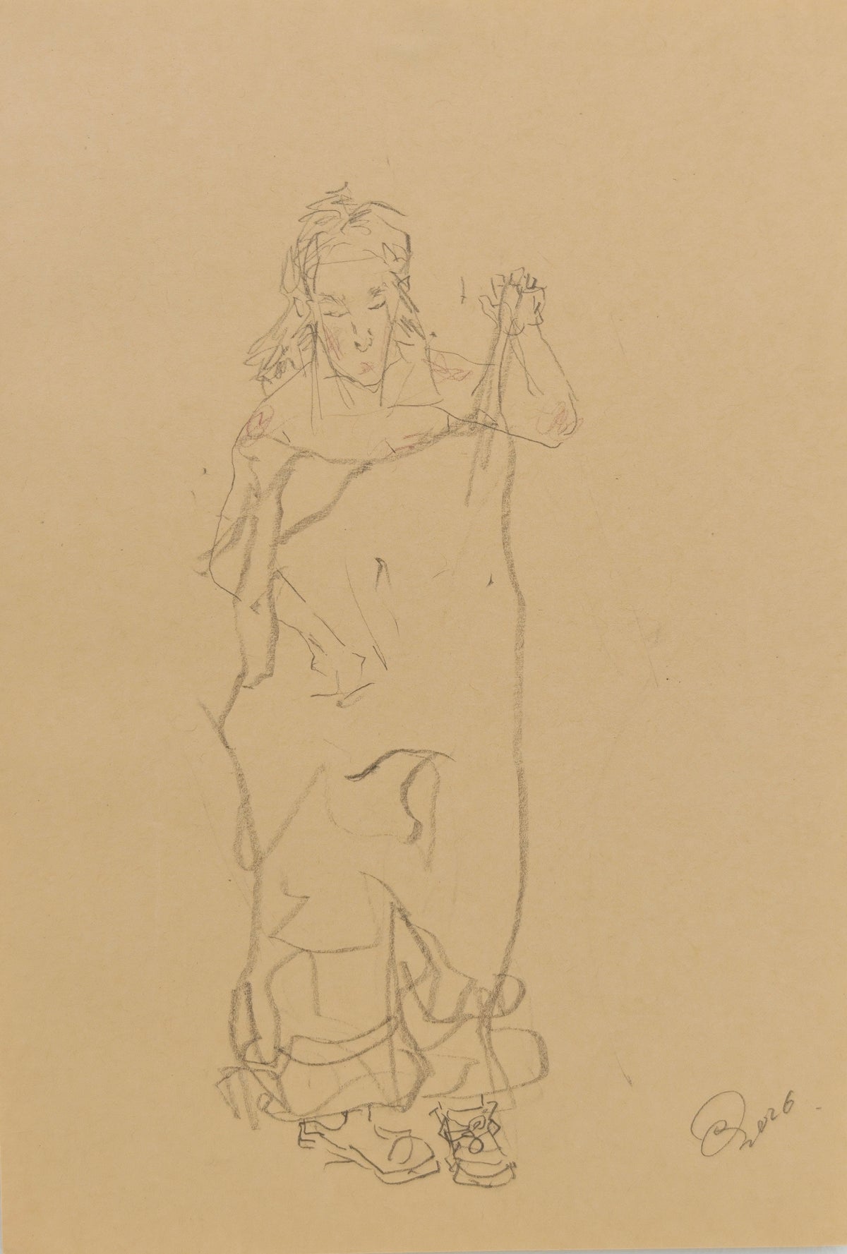 Can Portrait No. 38 original female figure sketch with raised arm and layered lower garment by Zheng Hao