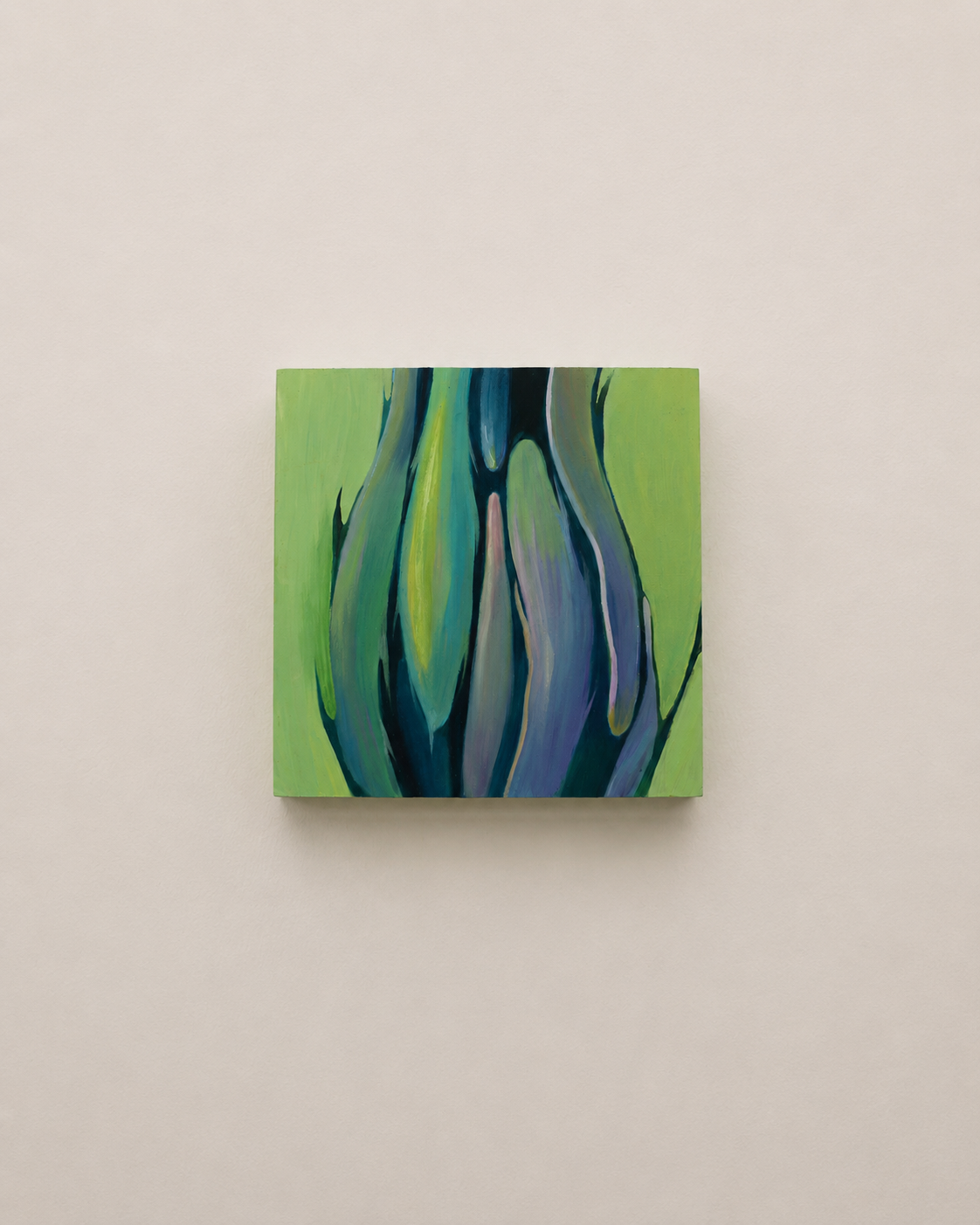 Cheng Chang Untitled 01, an abstract painting with green, teal and deep blue organic vertical forms, displayed on a neutral wall.