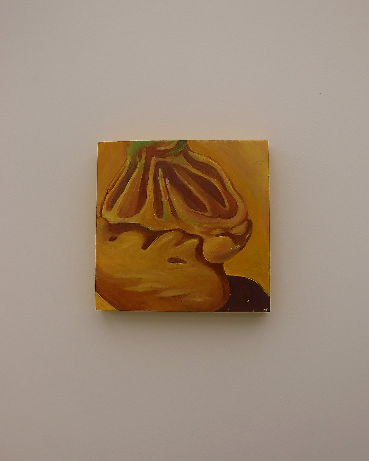 Cheng Chang Untitled 02, an abstract painting in ochre yellow and deep brown with flowing organic forms, displayed on a neutral wall.