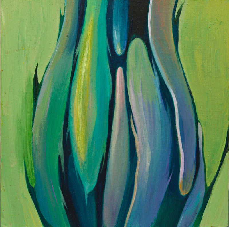 Untitled original small acrylic painting on canvas by Cheng Chang with green and blue biomorphic plant-like forms
