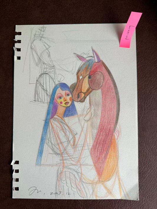 Sketch No. 03 original horse and female figure study on paper by Siyuan Tan