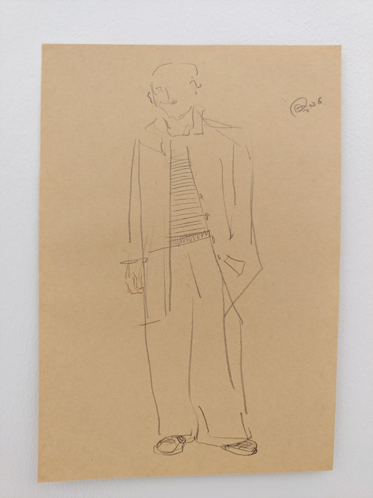 Can Portrait No. 29 original urban male figure sketch with striped shirt and long coat by Zheng Hao