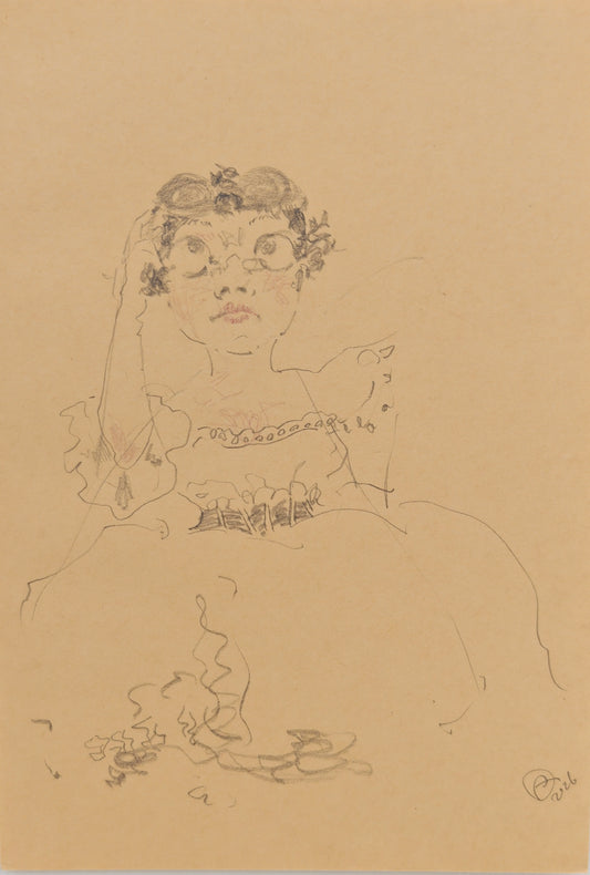 Can Portrait No. 33 original expressive female portrait sketch with enlarged eyes by Zheng Hao