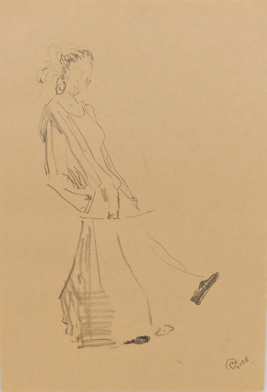 Can Portrait No. 35 original walking female figure sketch with upward gaze by Zheng Hao