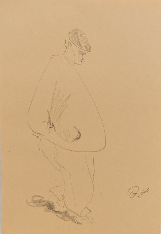 Can Portrait No. 37 original male figure sketch with hat and wrapped cape-like silhouette by Zheng Hao