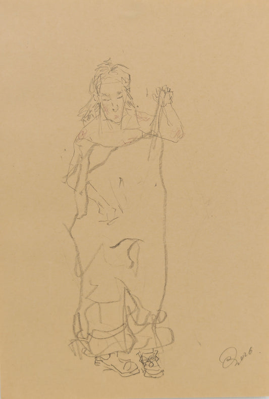 Can Portrait No. 38 original female figure sketch with raised arm and layered lower garment by Zheng Hao