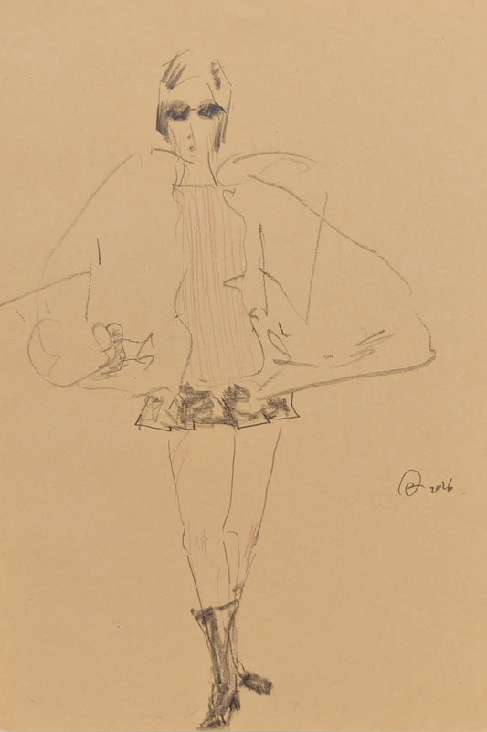 Can Portrait No. 39 original female fashion figure sketch with broad shoulders and striped bodice by Zheng Hao