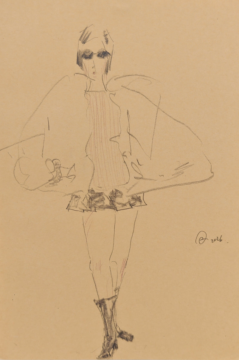 Can Portrait No. 39 original female fashion figure sketch with broad shoulders and striped bodice by Zheng Hao