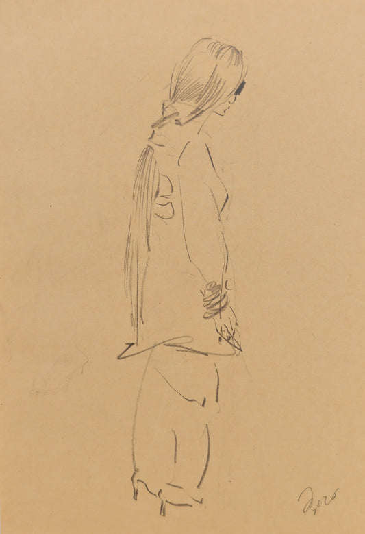 Can Portrait No. 42 original side-back figure sketch with long scarf detail and bracelets by Zheng Hao