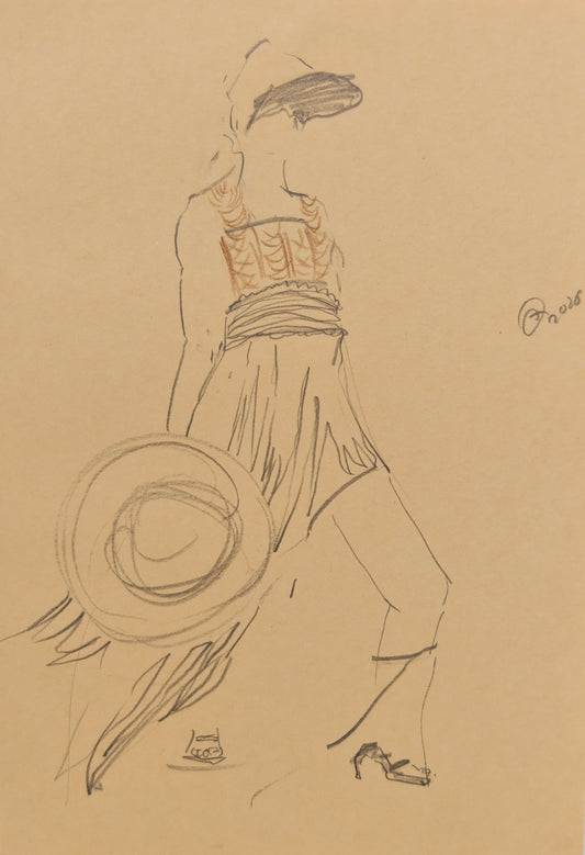 Can Portrait No. 43 original female fashion figure sketch with hat, structured bodice, and high heels by Zheng Hao