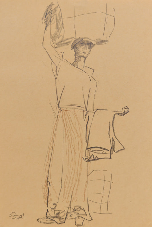 Can Portrait No. 45 original standing figure sketch with raised arm and striped trousers by Zheng Hao