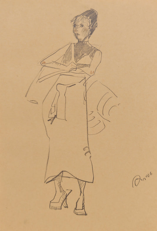 Can Portrait No. 46 original female fashion figure sketch with folded hands, long garment, and platform boots by Zheng Hao