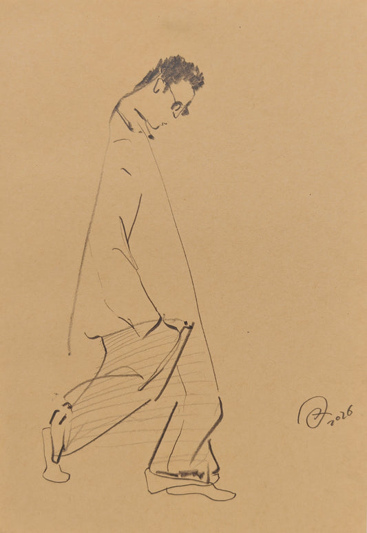 Can Portrait No. 47 original walking male figure sketch with striped wide-leg trousers by Zheng Hao